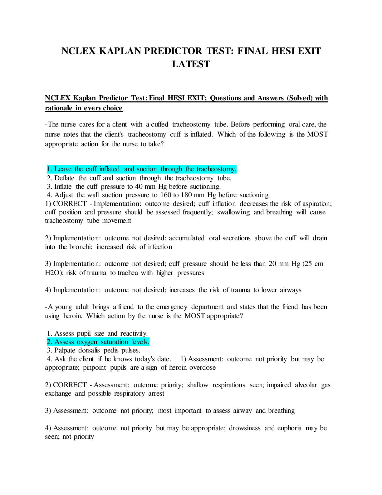 Preview of NCLEX KAPLAN PREDICTOR TEST: FINAL HESI EXIT LATEST